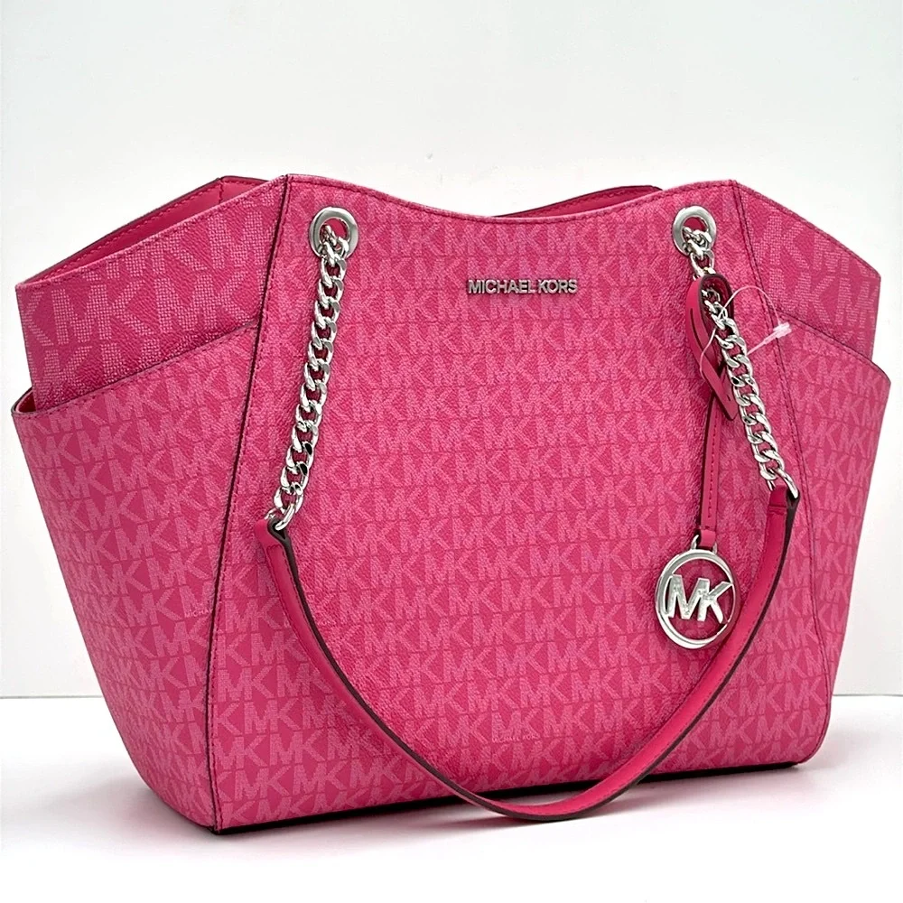 MICHAEL KORS  Jet Set Travel Large Signature Chain Shoulder Tote Bag Dragonfruit - Picture 2 of 14